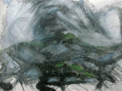 In progress drawing of wild weather above hills in Yorkshire Dales