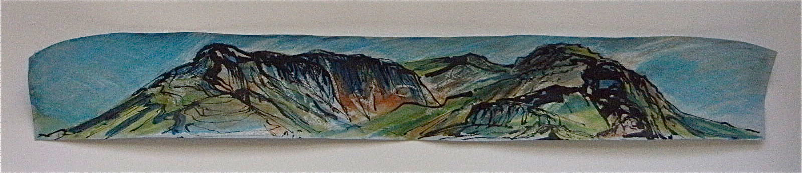 Original sketch of colourful mountains done on location in the Lake District