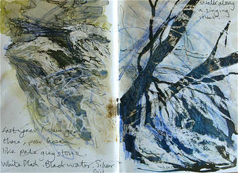 Sketchbook pages with rocky River Glaslyn and moody trees.
