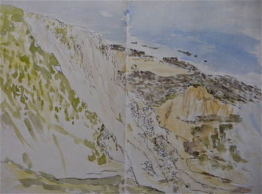 Sketch of view of low tide at Falling Sands seen from the clifftops