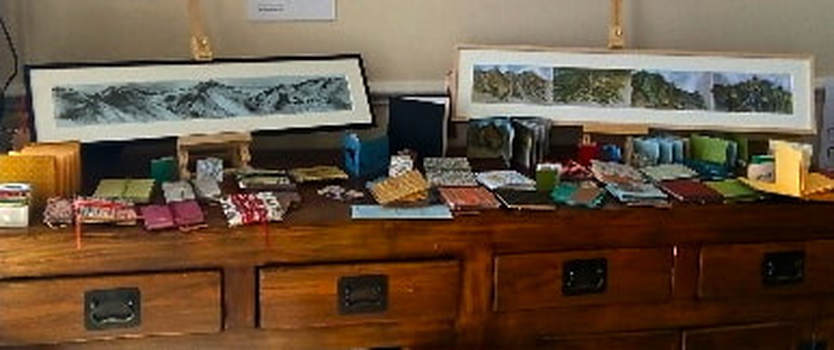 Sideboard display of Annie Kerr's artwork and handmade books at Percival Mansions Art House, May 2018